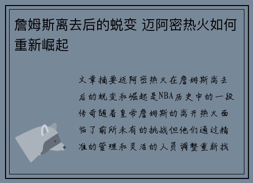 詹姆斯离去后的蜕变 迈阿密热火如何重新崛起